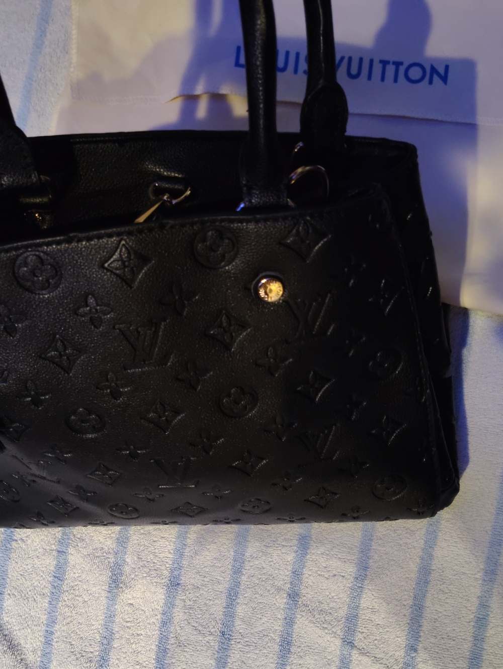 Louis Vuitton Black Embossed Leather Satchel with Gold Accent